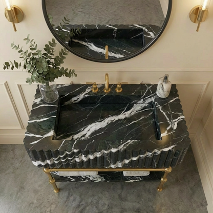 30" Green Fluted Marble Sink With Brass Console Legs