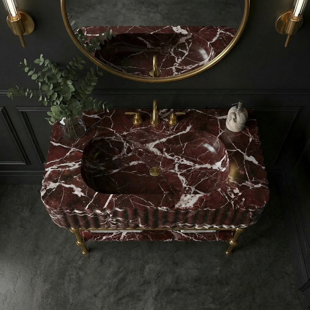 30" Rosso Levanto Fluted Marble Sink With Brass Console Legs