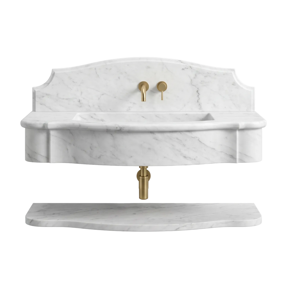 Valletta 30 inch Carrara White wall mounted marble bathroom sink with backsplash and floating marble shelf
