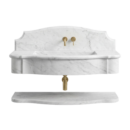 Valletta 30 inch Carrara White wall mounted marble bathroom sink with backsplash and floating marble shelf