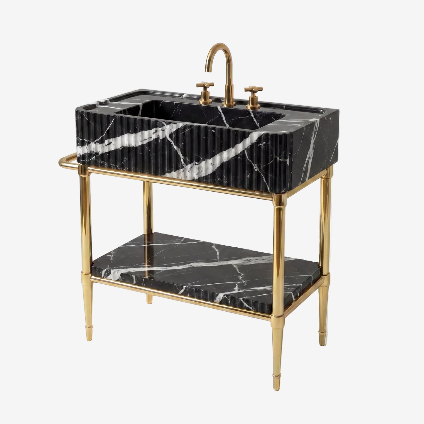 A freestanding rectangular sink vanity with a black marble basin and matching marble shelf, supported by a gold-tone metal frame with a curved backrest and faucet.