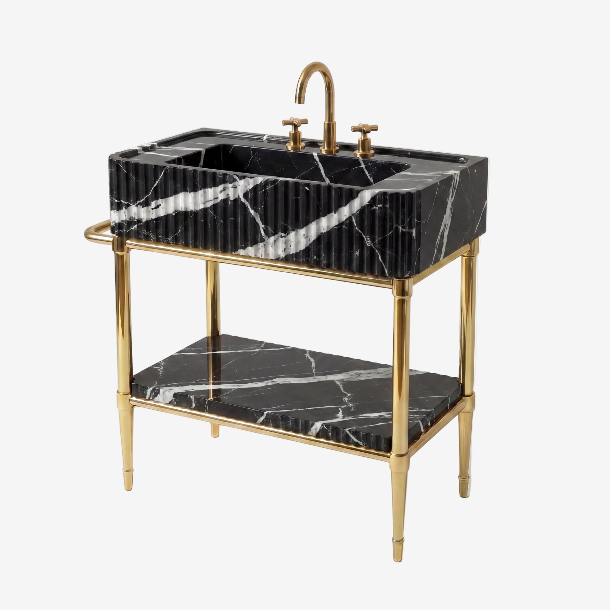 A freestanding rectangular sink vanity with a black marble basin and matching marble shelf, supported by a gold-tone metal frame with a curved backrest and faucet.
