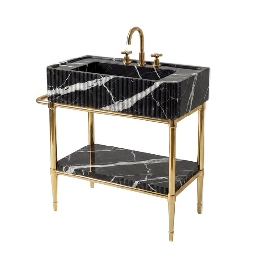 Valmont 30 inch Nero Marquina marble bathroom vanity with sink, solid brass console legs and matching marble shelf