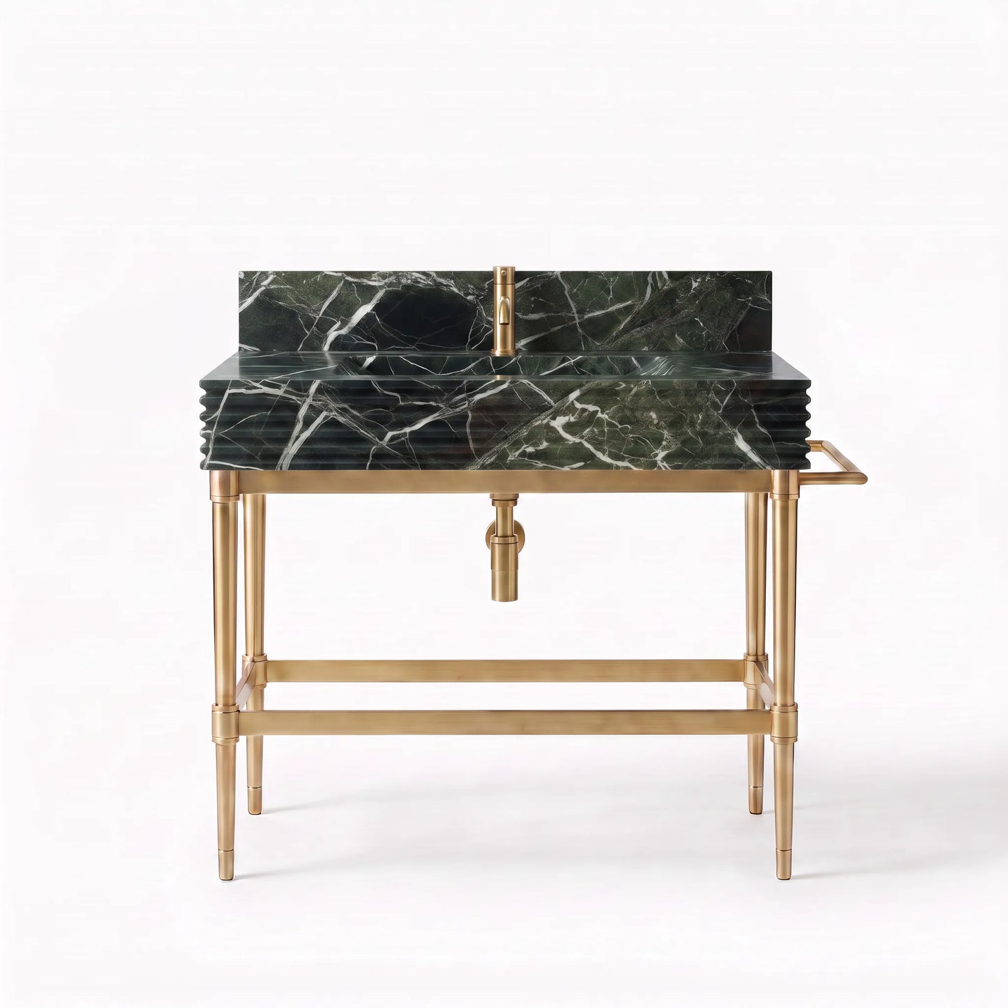 A modern bathroom vanity set featuring a stacked black marble sink with white veining and a polished brass faucet, mounted on a matching brass metal stand with a footrest.