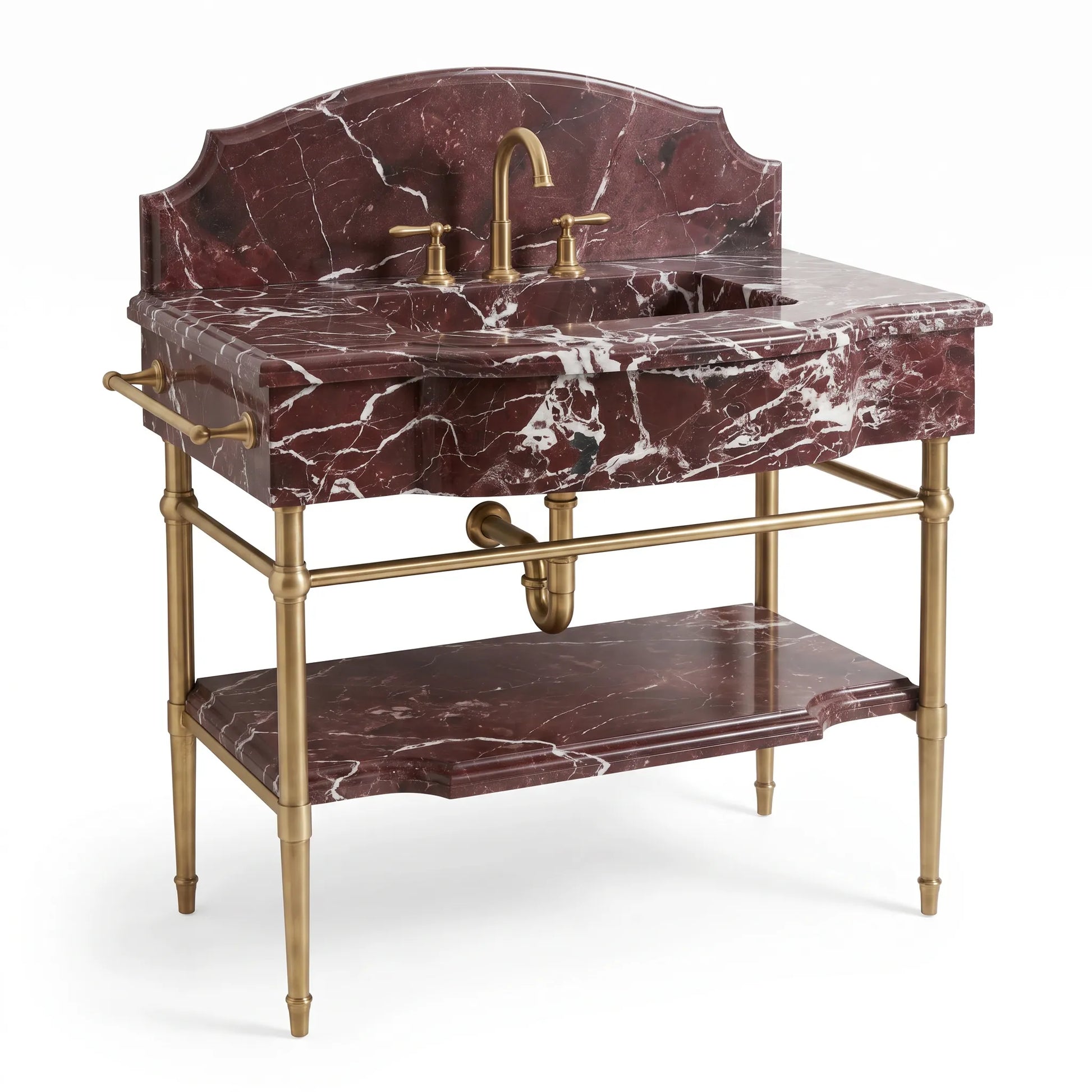 A vintage-style bathroom vanity featuring a deep red marble sink top and matching marble shelf, supported by a polished brass frame with a matching faucet and handles.