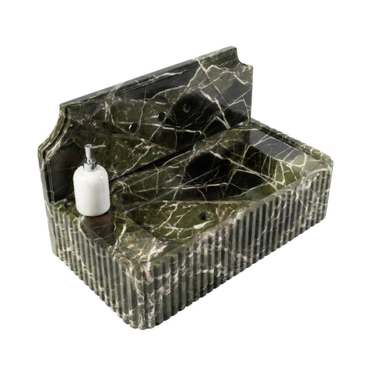 Verdessa - Custom Wall-Mounted Fluted Green Marble Bathroom Sink with Backsplash