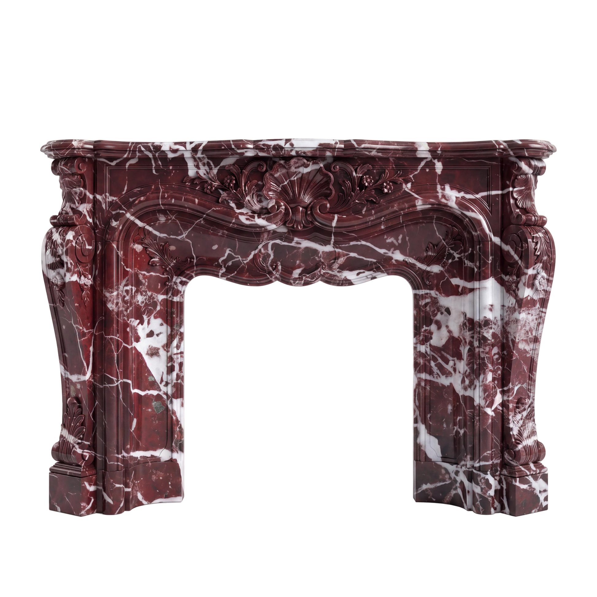 Custom Rosso Levanto marble fireplace mantel and surround with deep burgundy tones, dramatic white veining, carved shell centerpiece, floral motifs, and French Rococo details.