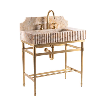 Verona Luxe 30 inch Calacatta Gold marble bathroom vanity with fluted sink, backsplash and solid brass console legs