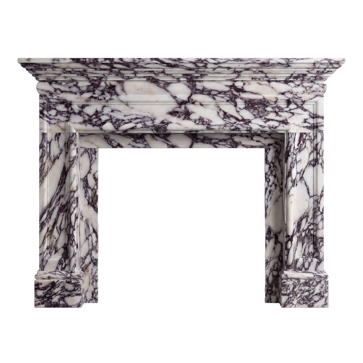 Custom Calacatta Viola marble fireplace mantel with French neoclassical design, handcrafted natural stone surround with decorative columns and carved details.