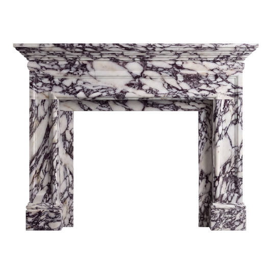 Custom Calacatta Viola marble fireplace mantel with French neoclassical design, handcrafted natural stone surround with decorative columns and carved details.