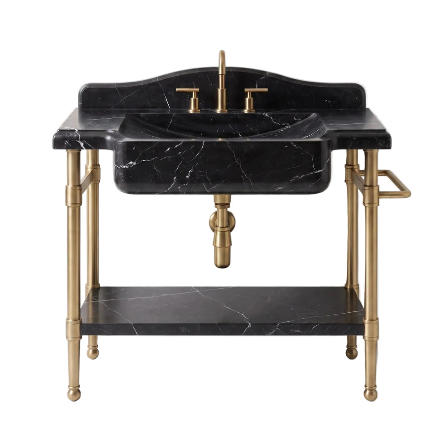 Vertex – Custom Nero Marquina Marble Sink Vanity with Solid Brass Console Legs