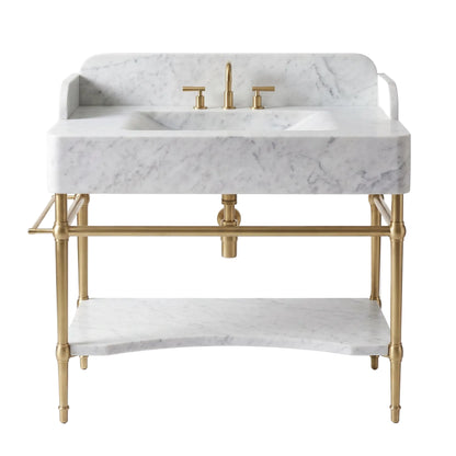 Vicenza 30 inch Carrara White marble bathroom vanity sink with backsplash, brass console legs and matching marble shelf