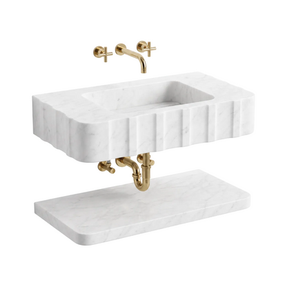 Vienna 30 inch Carrara White fluted wall mounted marble bathroom sink with floating marble shelf