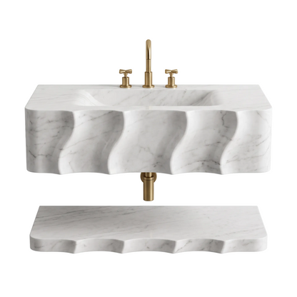 Vilnius 30 inch Carrara White sculpted wall mounted marble bathroom sink with floating marble shelf