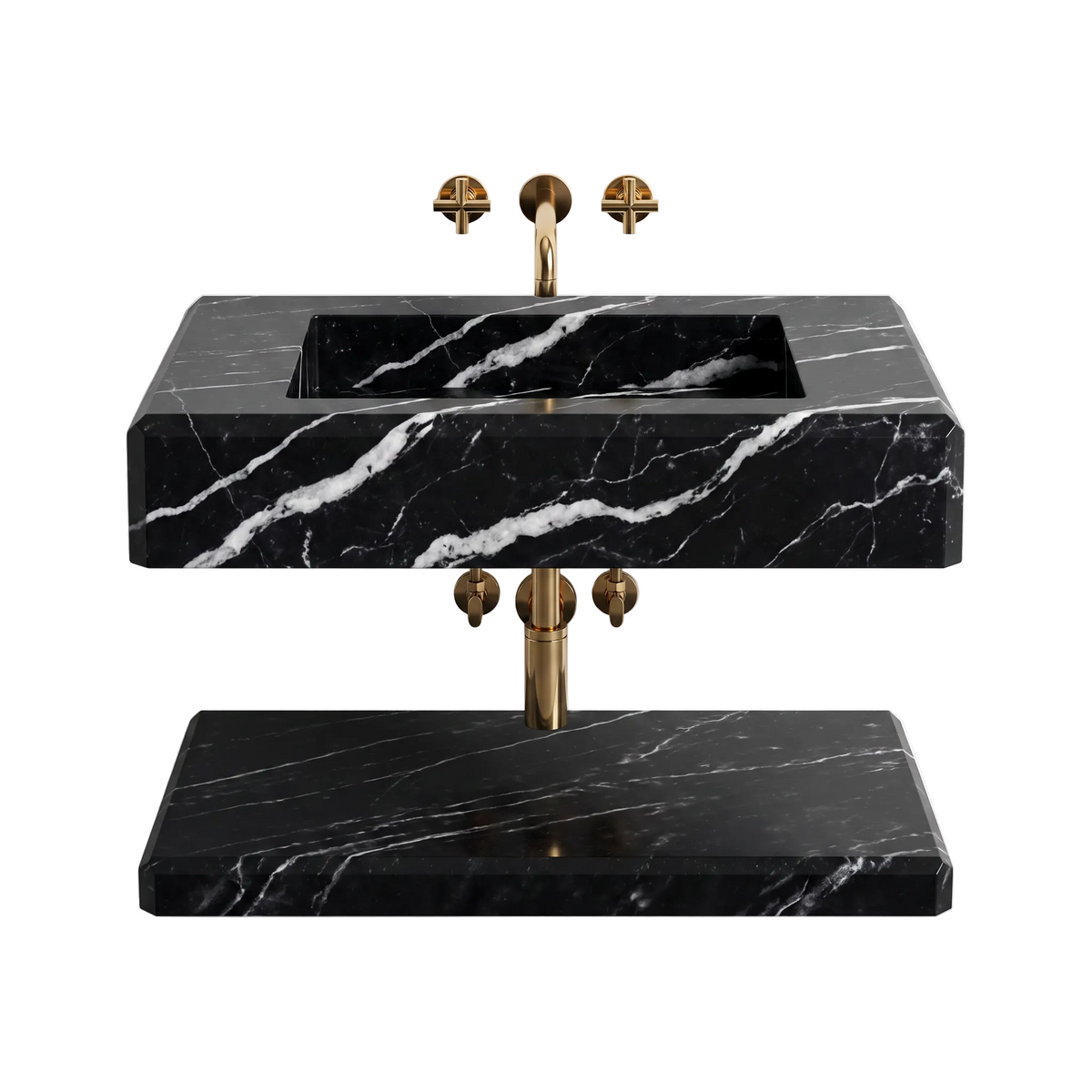 Vittoria 30 inch Nero Marquina wall mounted marble bathroom sink with matching floating marble shelf