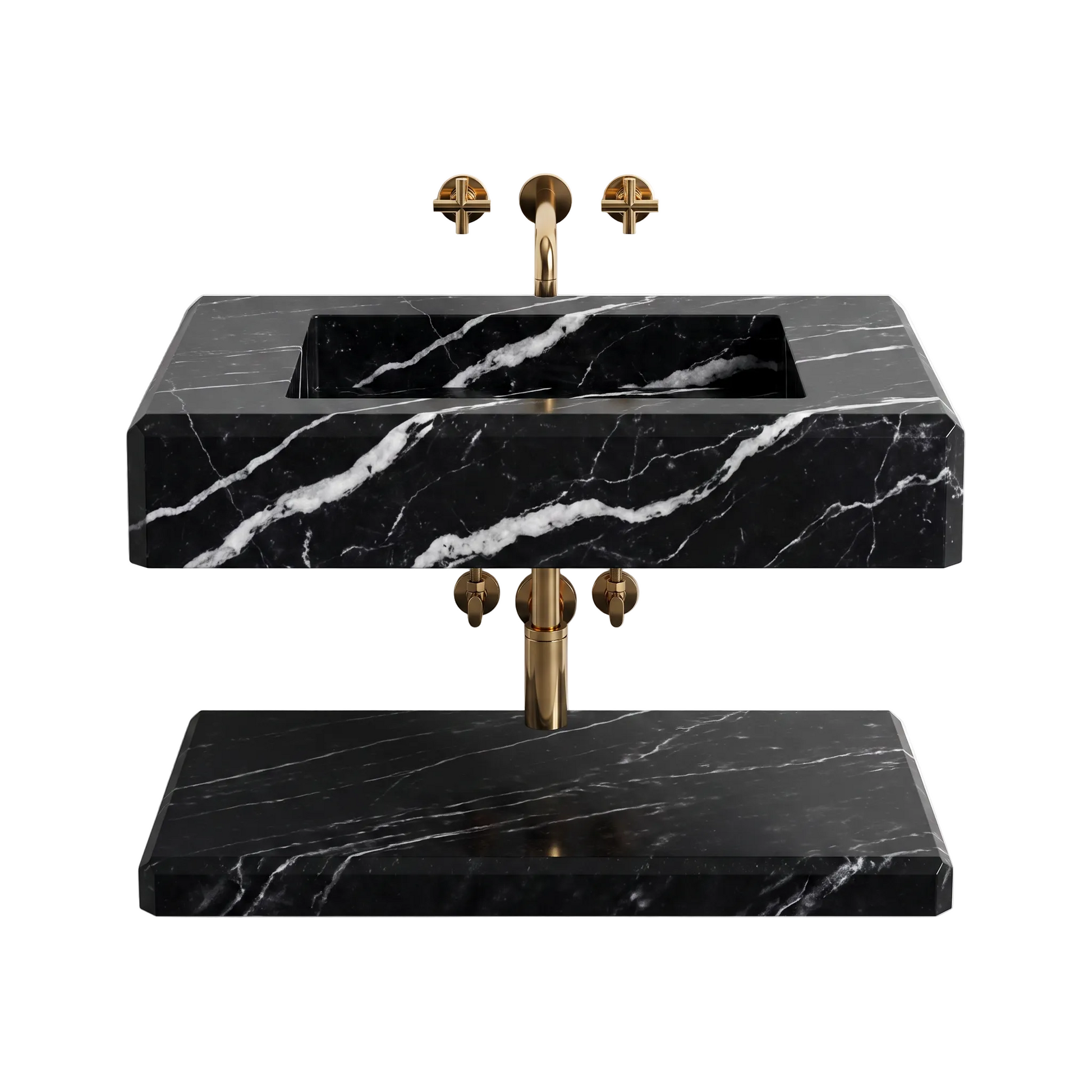 Vittoria 30 inch Nero Marquina wall mounted marble bathroom sink with matching floating marble shelf
