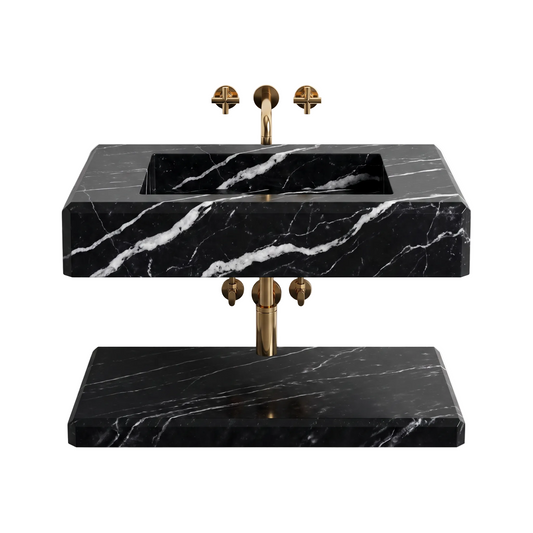 Vittoria 30 inch Nero Marquina wall mounted marble bathroom sink with matching floating marble shelf