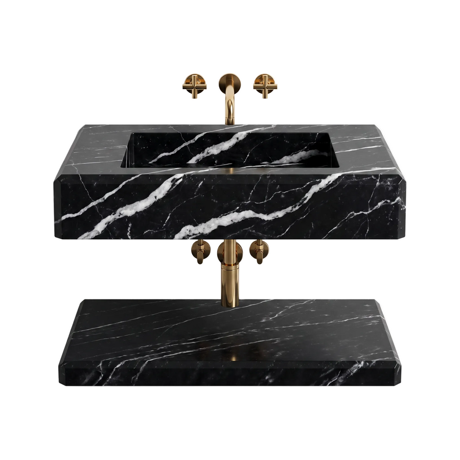Vittoria – Custom Wall-Mounted Nero Marquina Marble Bathroom Sink with Floating Shelf