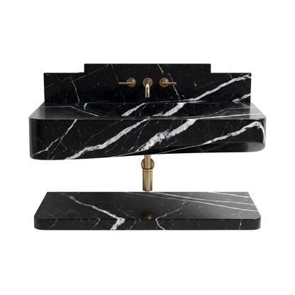 Westbridge 30 inch Nero Marquina wall mounted marble bathroom vanity sink with floating marble shelf