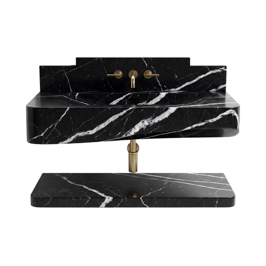 Westbridge 30 inch Nero Marquina wall mounted marble bathroom vanity sink with floating marble shelf