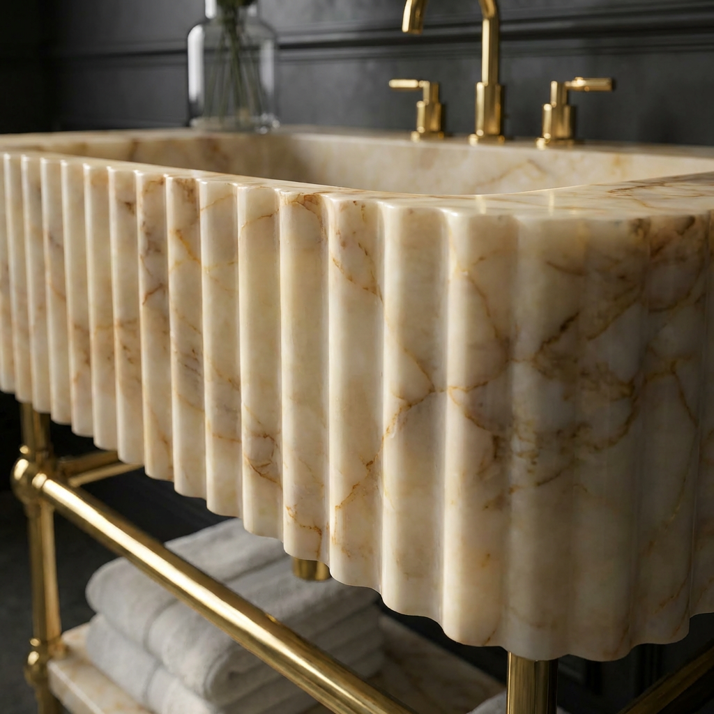 30"Gold Vein Fluted Marble Sink With Brass Console Legs