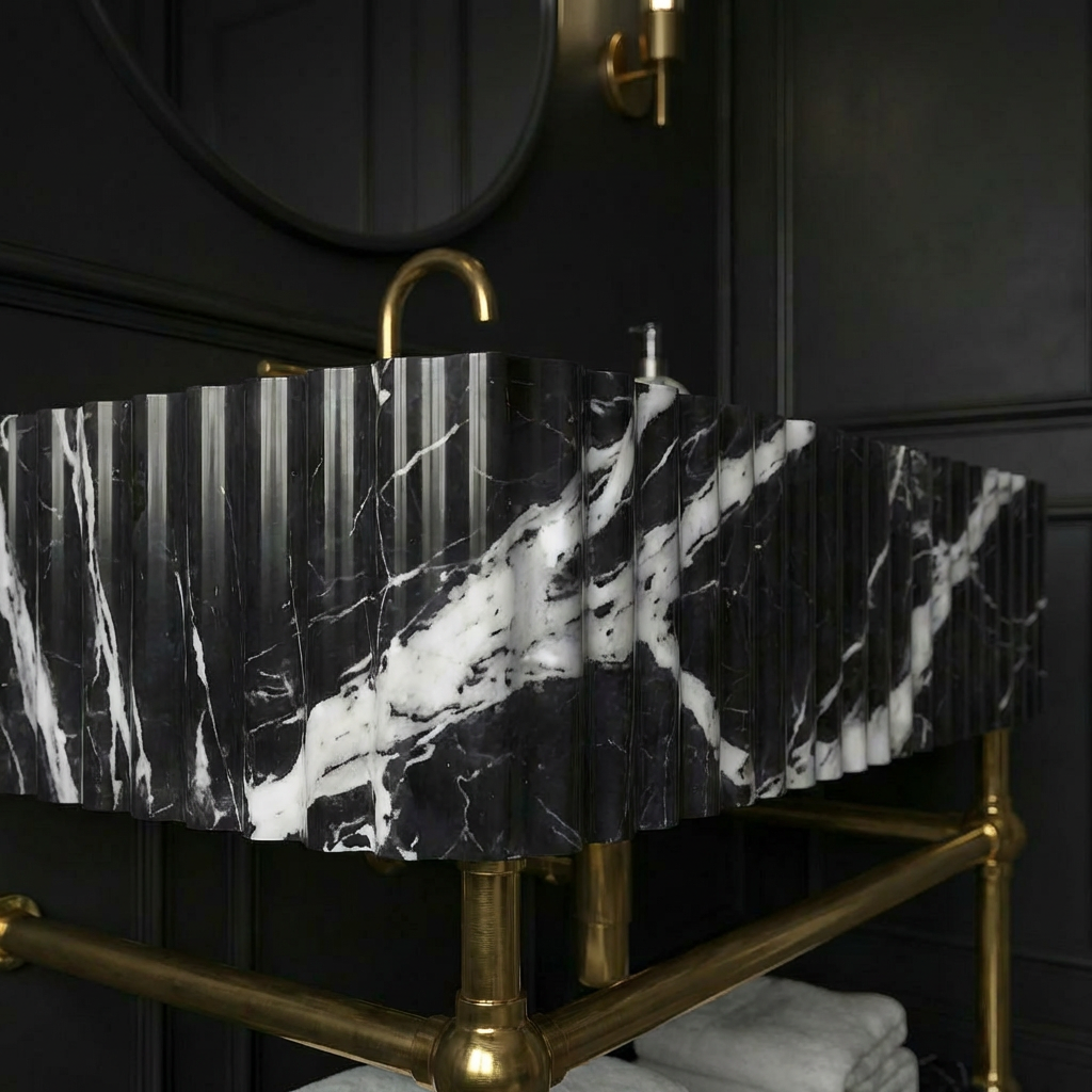 30" Nero Marquina Fluted Marble Sink With Brass Console Legs