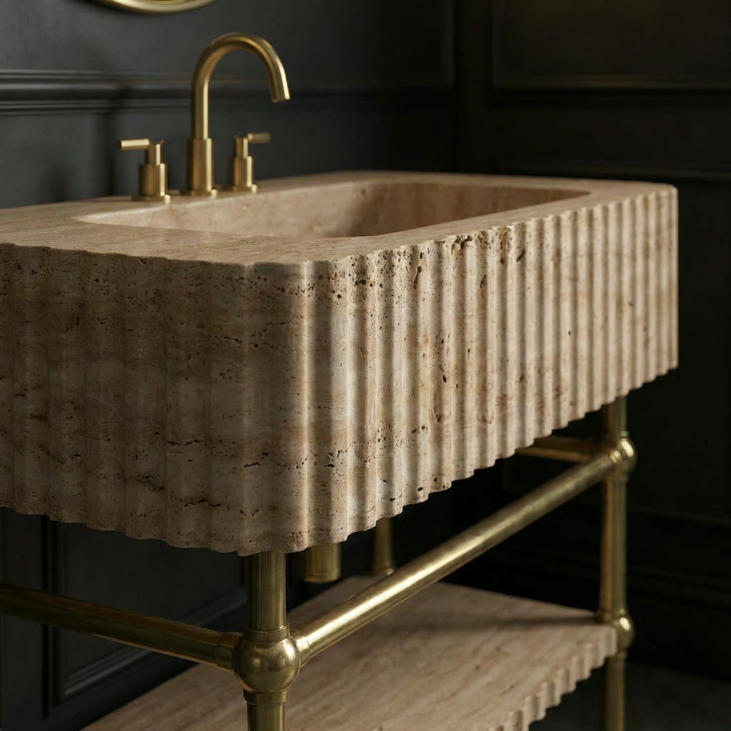 30" Travertine Marble Sink With Brass Console Legs