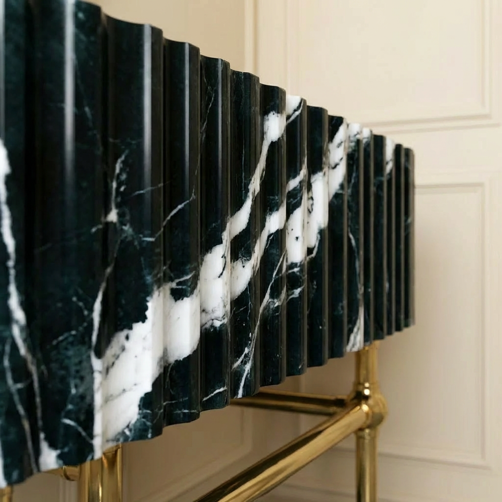 30" Green Fluted Marble Sink With Brass Console Legs