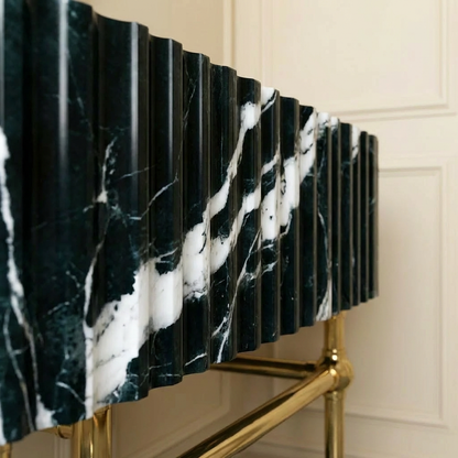30" Green Fluted Marble Sink With Brass Console Legs