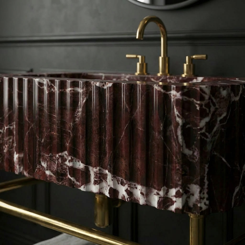 30" Rosso Levanto Fluted Marble Sink With Brass Console Legs