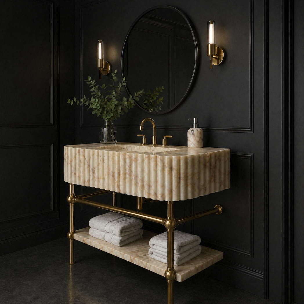 30"Gold Vein Fluted Marble Sink With Brass Console Legs