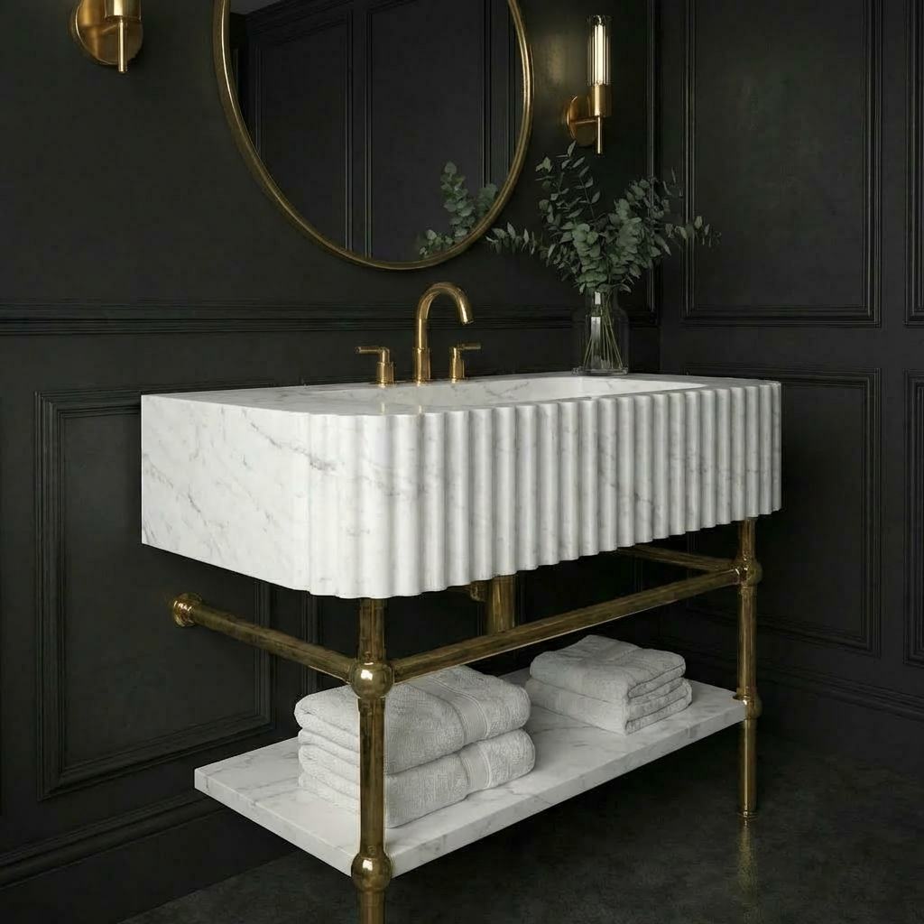 30" White Marble Sink With Brass Console Legs