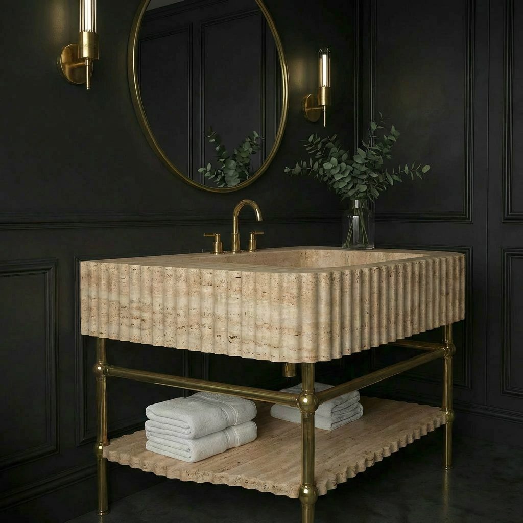 30" Travertine Marble Sink With Brass Console Legs