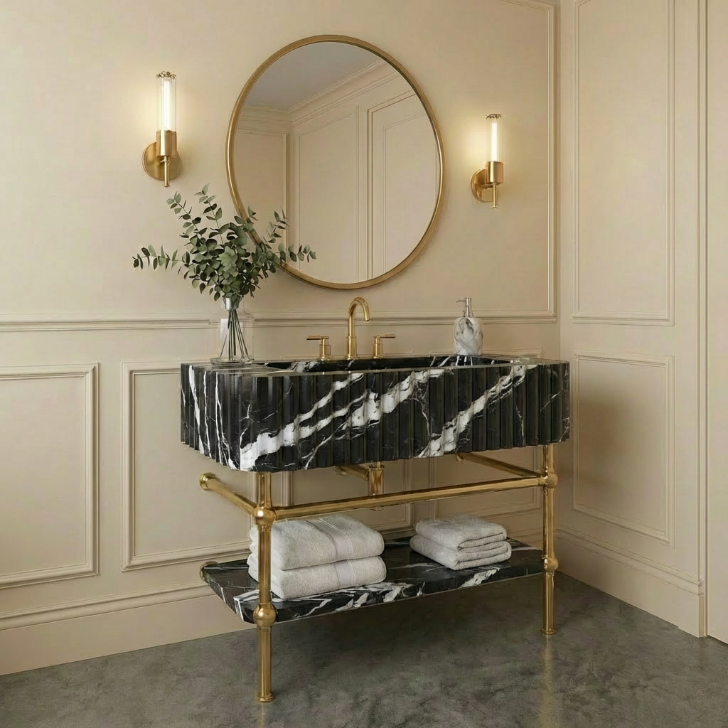 30" Green Fluted Marble Sink With Brass Console Legs