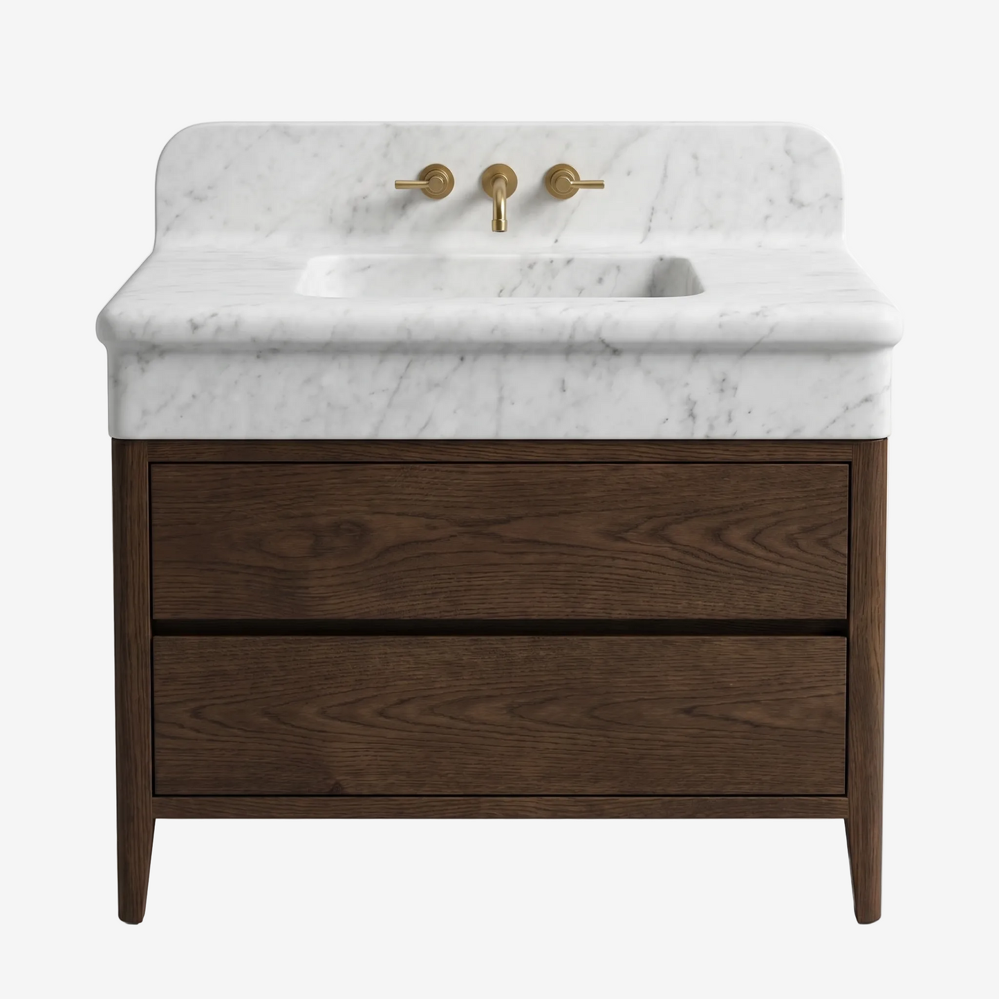 A modern bathroom vanity featuring a dark brown wood cabinet with two drawers and a white marble countertop with a matching marble backsplash. The vanity is equipped with a white rectangular sink and a brass faucet set with two separate knobs.