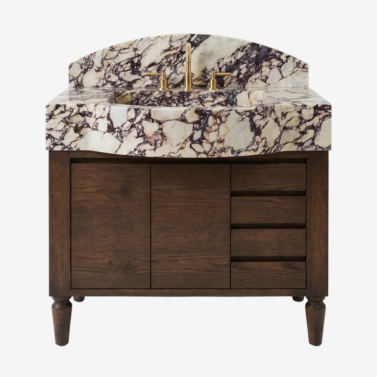 A bathroom vanity set featuring a dark brown wood cabinet with a marble-look countertop and matching backsplash in cream, white, and black veining, accented with a gold faucet and handles.