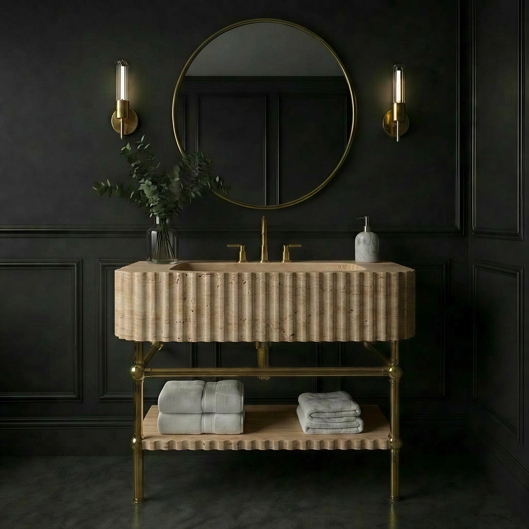 30" Travertine Marble Sink With Brass Console Legs