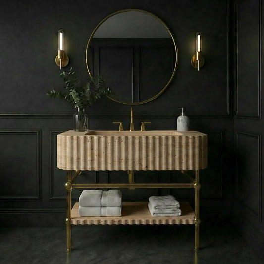 30" Travertine Marble Sink With Brass Console Legs