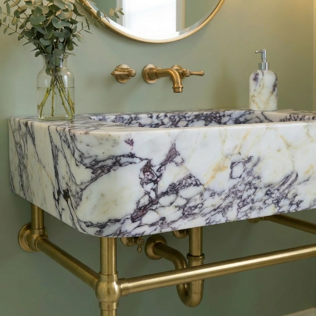 30" Calacatta Viola Marble Sink with Brass Console Legs
