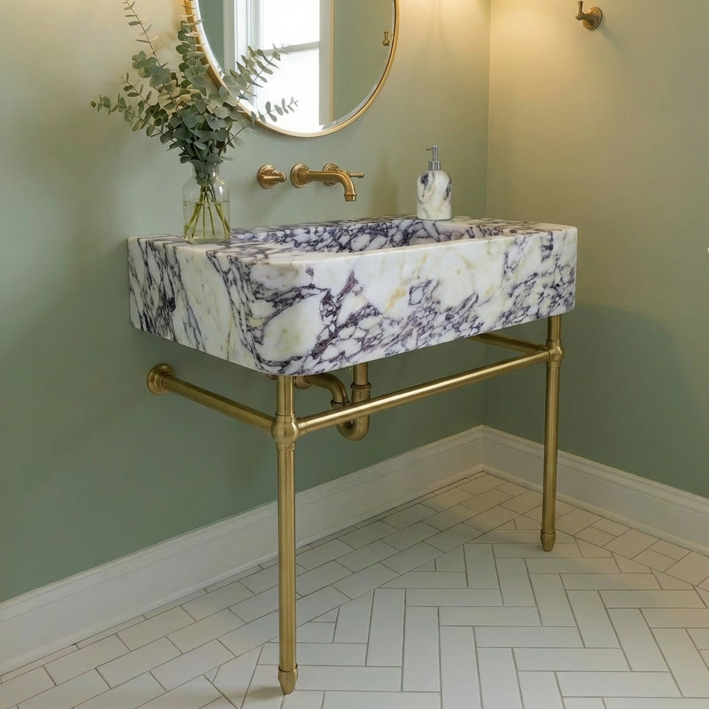 30" Calacatta Viola Marble Sink with Brass Console Legs