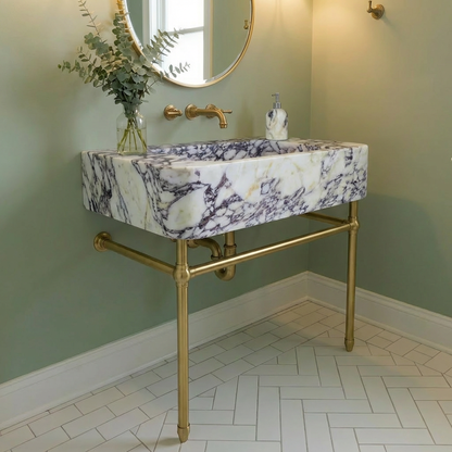 30" Calacatta Viola Marble Sink With Brass Console Legs