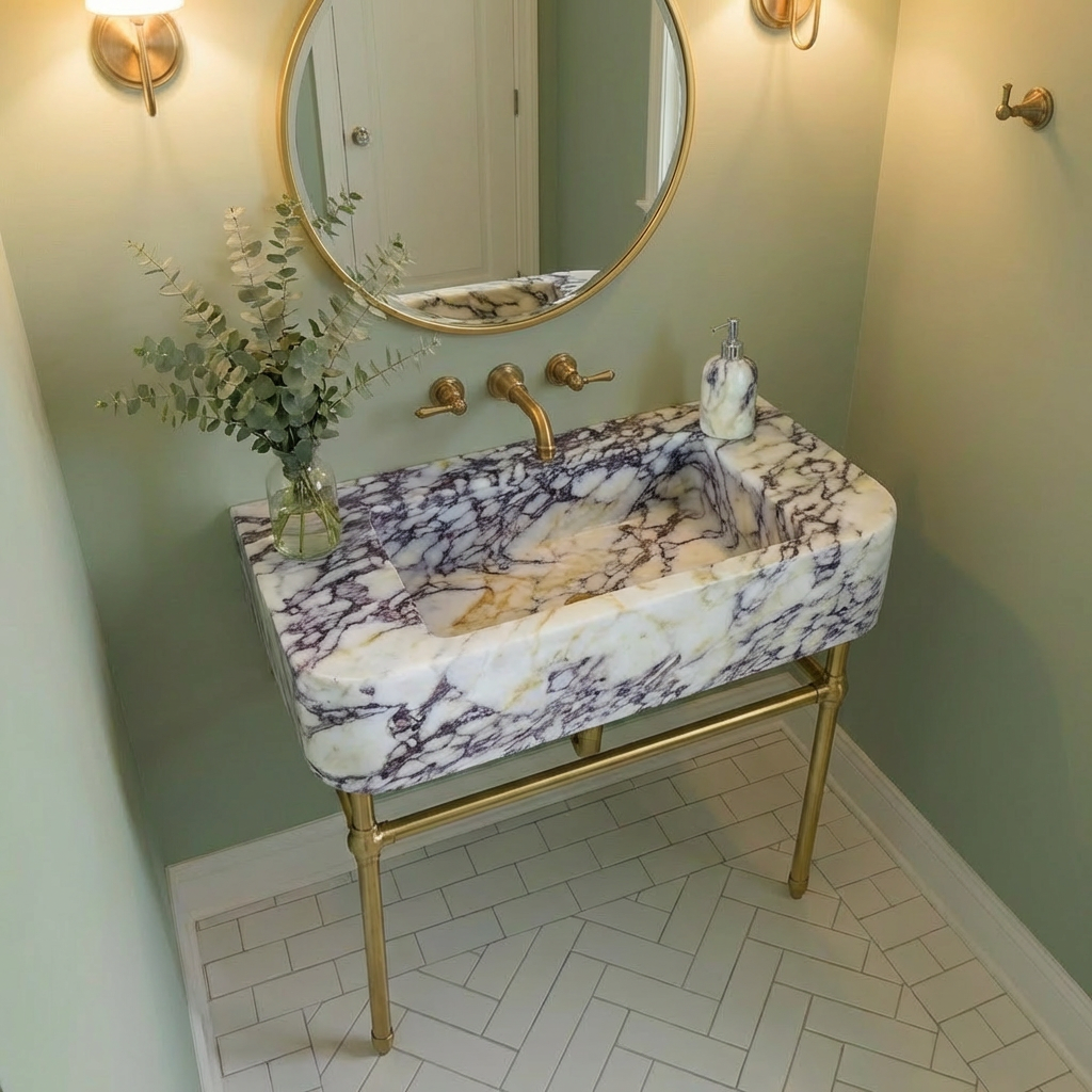 30" Calacatta Viola Marble Sink with Brass Console Legs