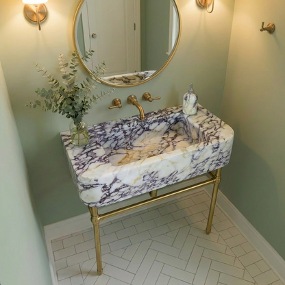30" Calacatta Viola Marble Sink With Brass Console Legs