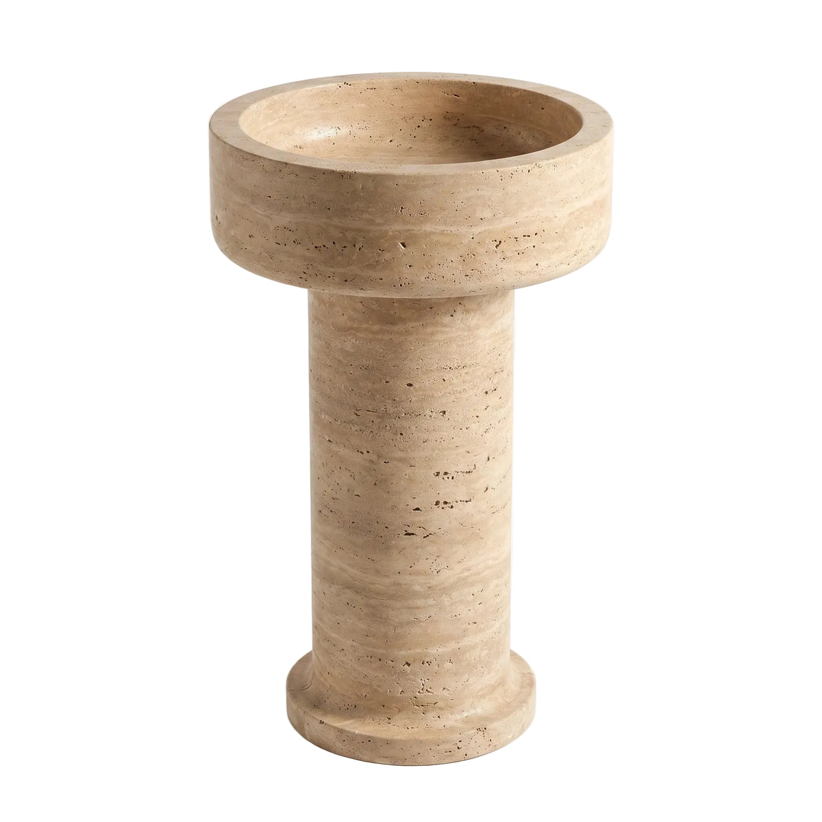 Alderwick natural travertine pedestal bathroom sink with round carved basin, cylindrical column and sculptural base