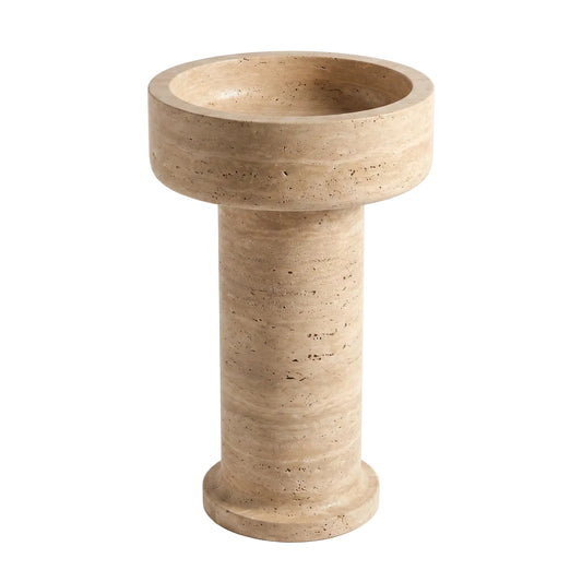 Alderwick natural travertine pedestal bathroom sink with round carved basin, cylindrical column and sculptural base