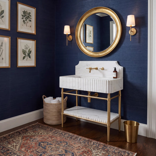 Altera 30 inch Carrara White marble bathroom vanity sink with solid brass console legs