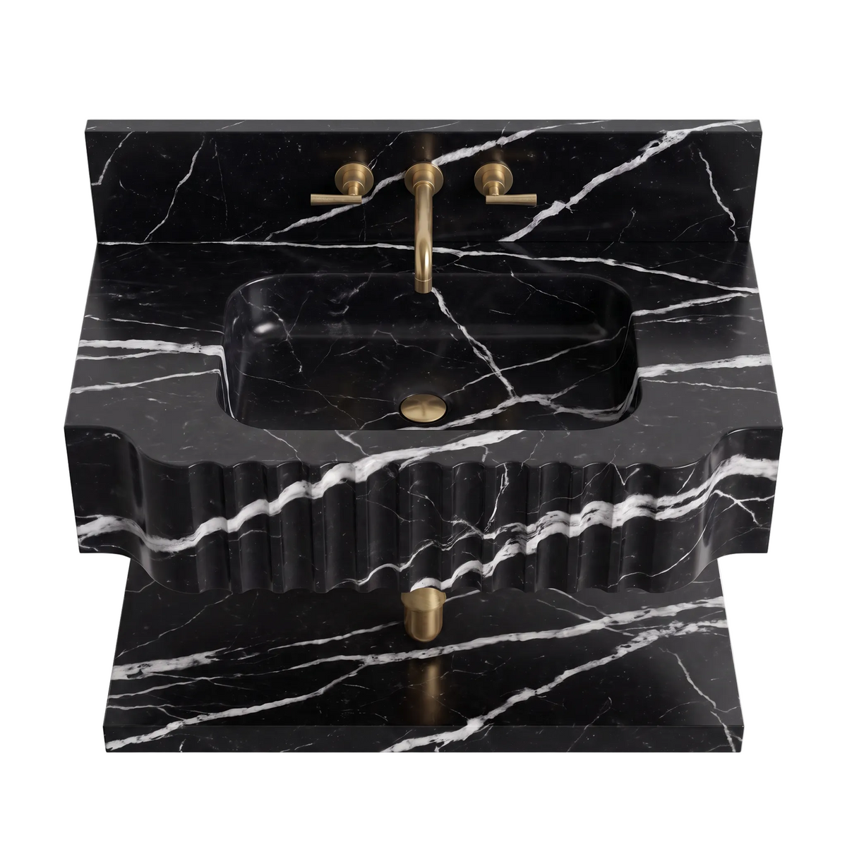 Ancona 30 inch Nero Marquina floating marble bathroom sink with fluted front and lower marble shelf