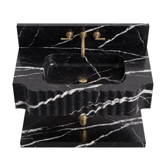 Ancona 30 inch Nero Marquina floating marble bathroom sink with fluted front and lower marble shelf
