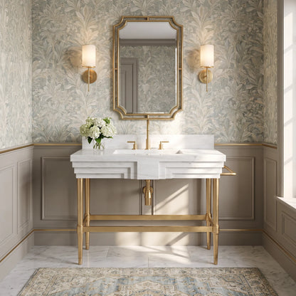 Arcadia 30 inch Carrara White marble bathroom vanity with sink and solid brass console legs in a luxury bathroom