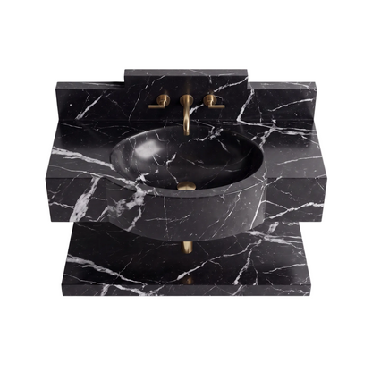 Ardessa 30 inch Nero Marquina floating marble bathroom sink with integrated basin and lower marble shelf